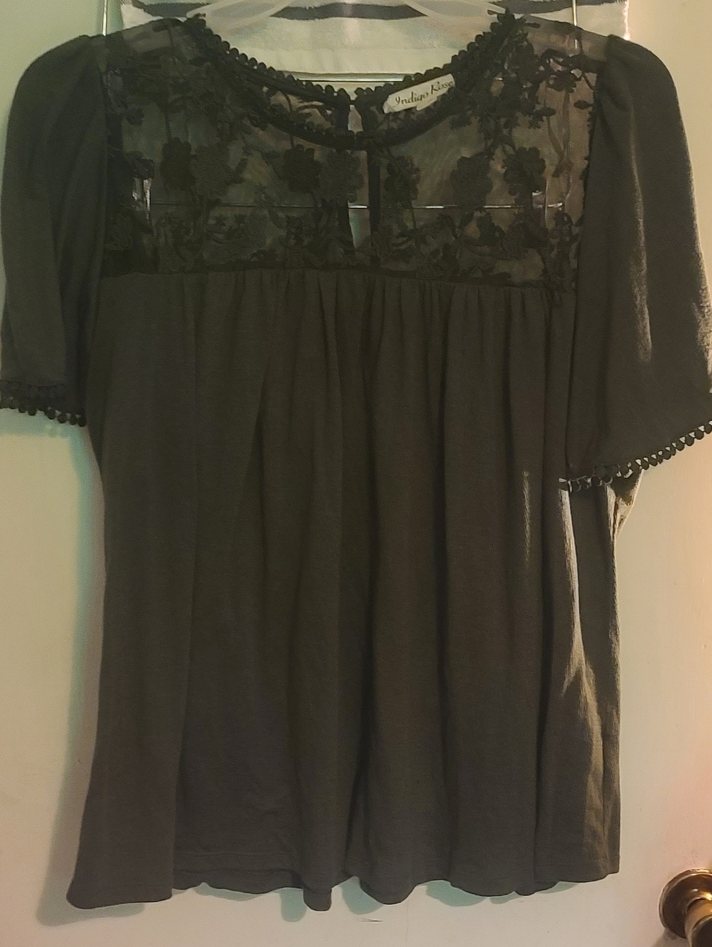 Indigo Rose Olive Lace Yoke Women’s Top 2x